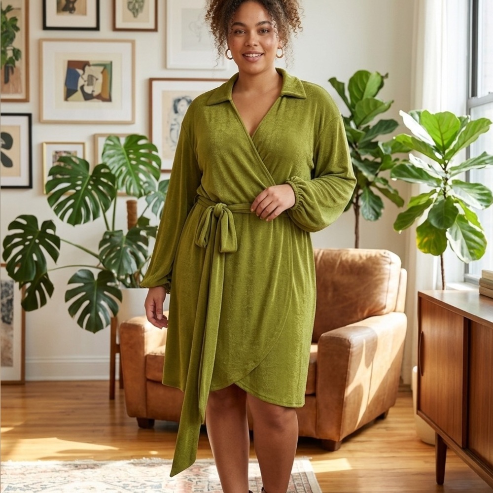 Princess Polly Green Wrap Dress Womens Size 18 Long Sleeve Mini Tie Waist Party